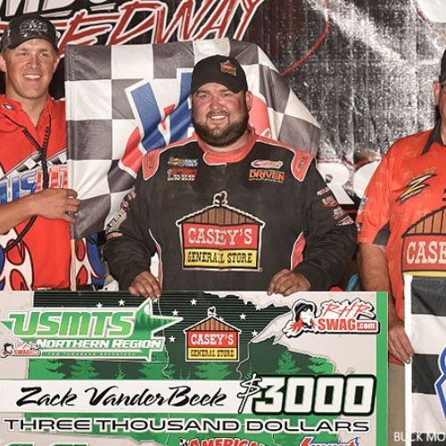 Zack celebrates with his father, Jim, and USMTS flagman Ryne Staley after winning Round #1 of the USMTS Badgerland Summer Shootout presented by Prestige Custom Cabinetry at the Luxemburg Speedway in Luxemburg, Wis., on Tuesday, July 11, 2017.